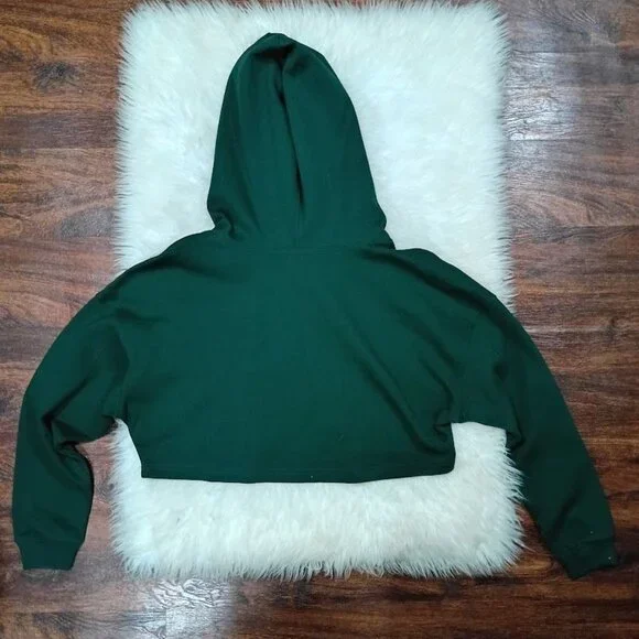 Kin Cropped Green Cotton S Hoodie With Satin-Lined Hood Drawstring - Picture 3 of 11